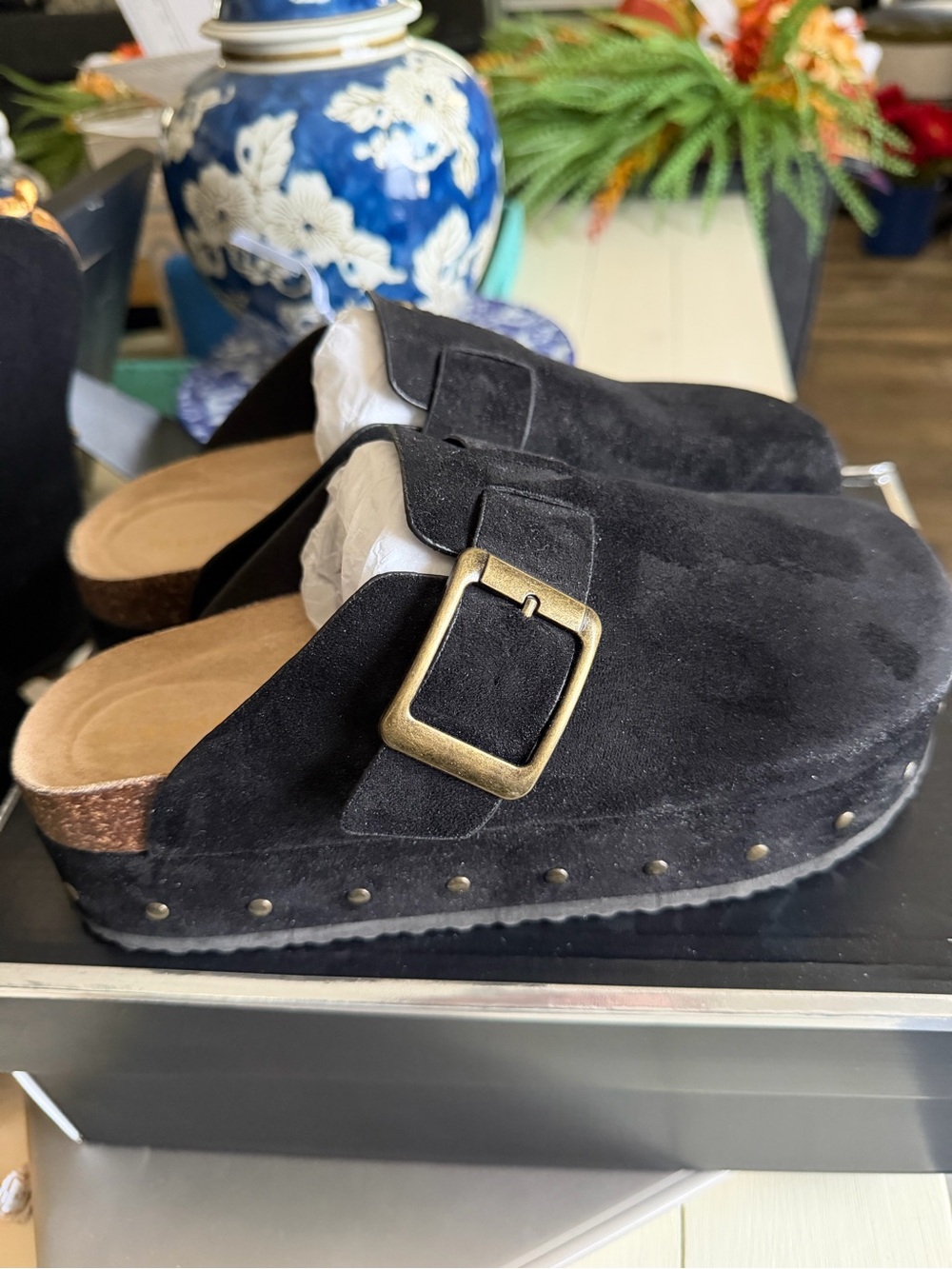 Madden Girl Black Suede Clog Slide with Brass Buckle